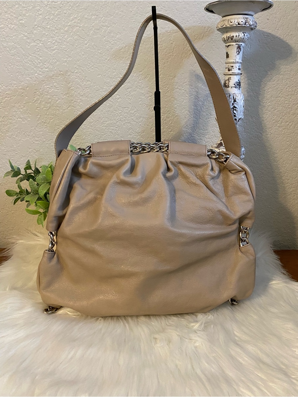 Furla Taupe Soft Leather Shoulder Hobo Bag w/ Chain Detail - Picture 2 of 14